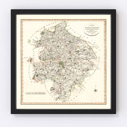 Vintage map of Warwickshire, England, 1806, Regency era Midlands county, digitally restored