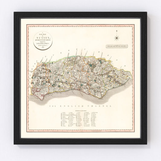 Vintage map of Sussex County, England, 1801