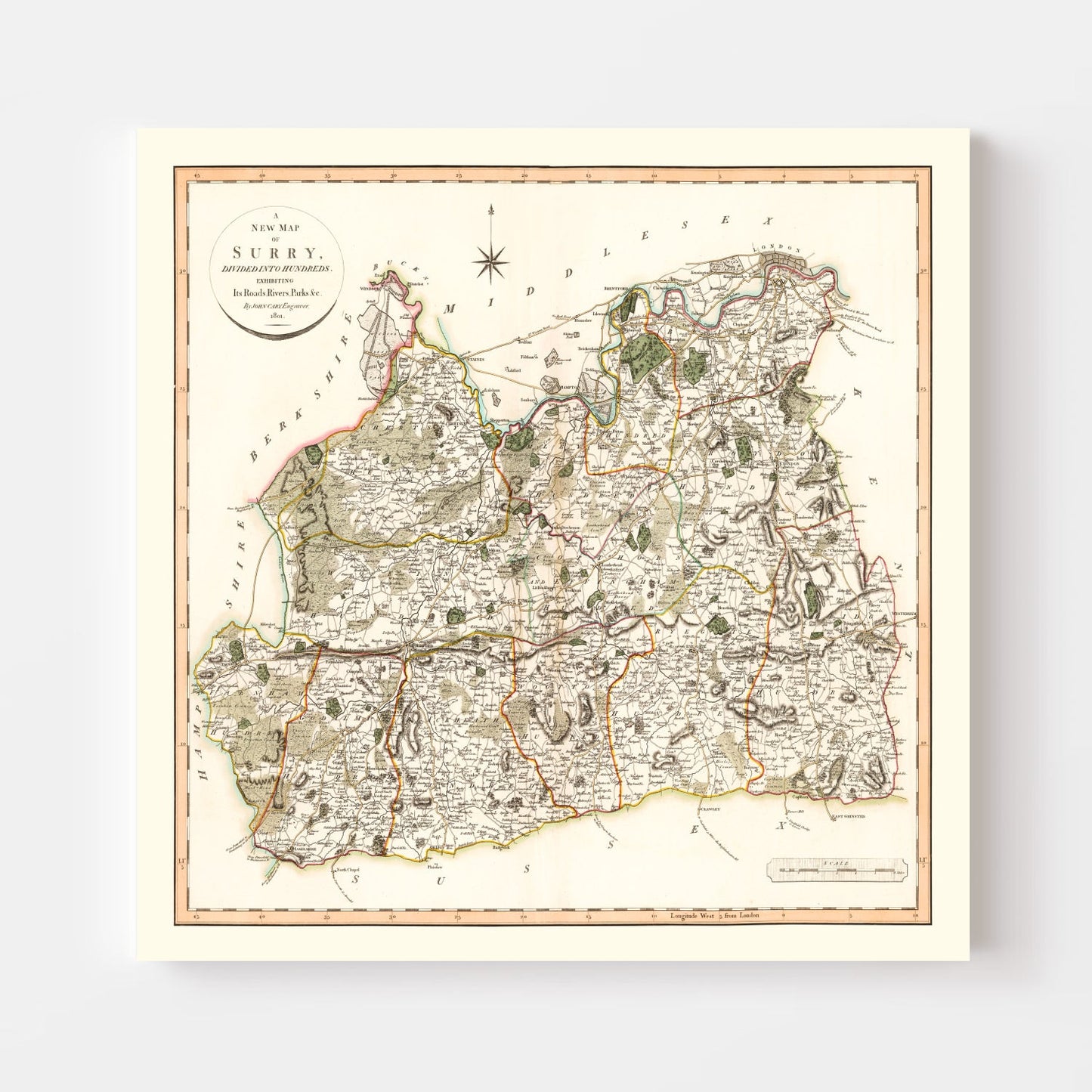 Vintage Map of Surrey, England, 1801