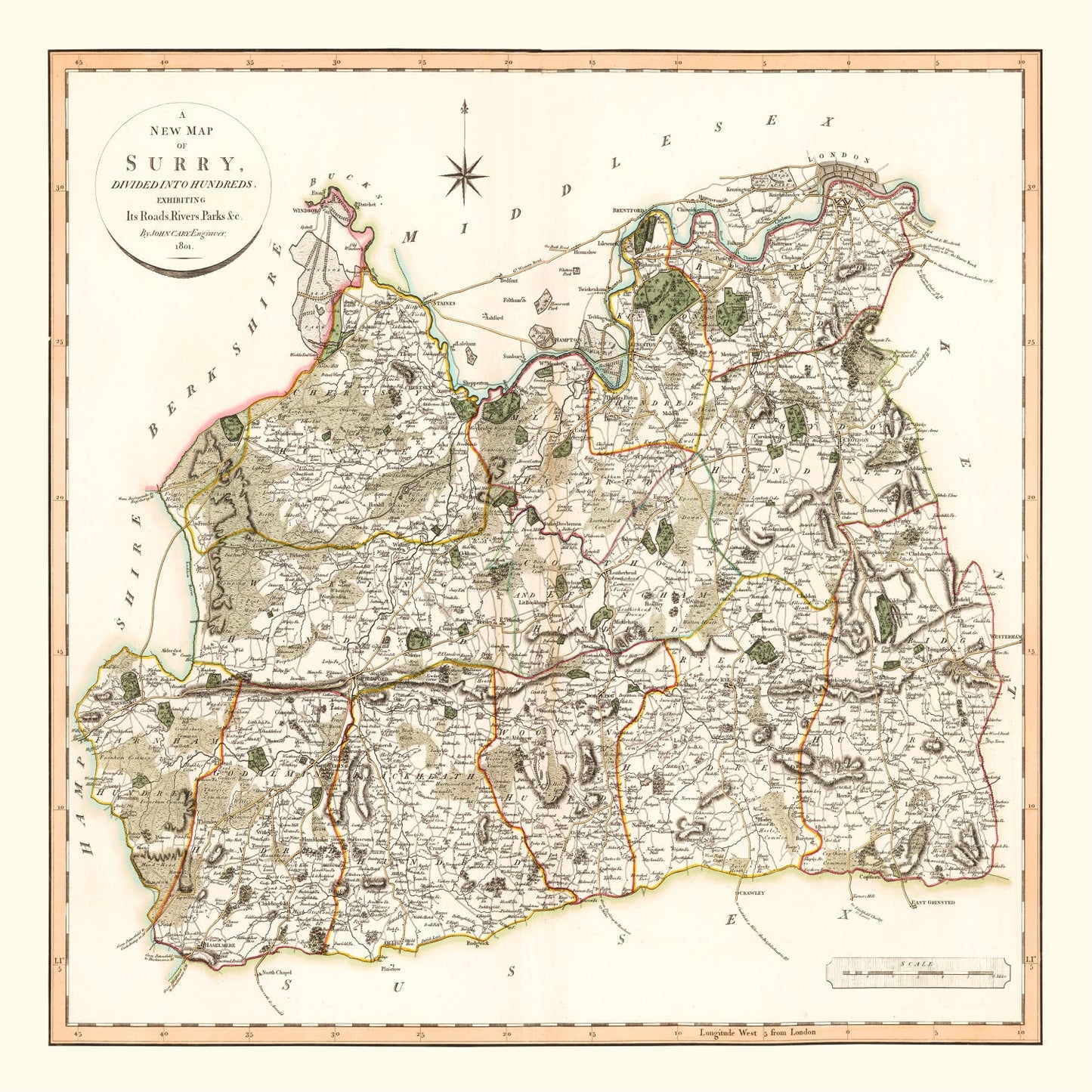 Vintage Map of Surrey, England, 1801
