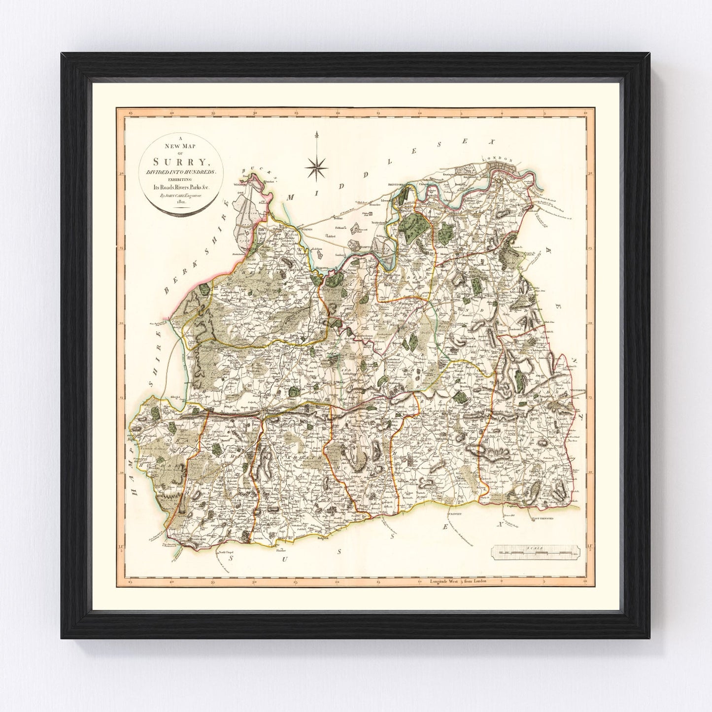 Vintage map of Surrey, England, 1801