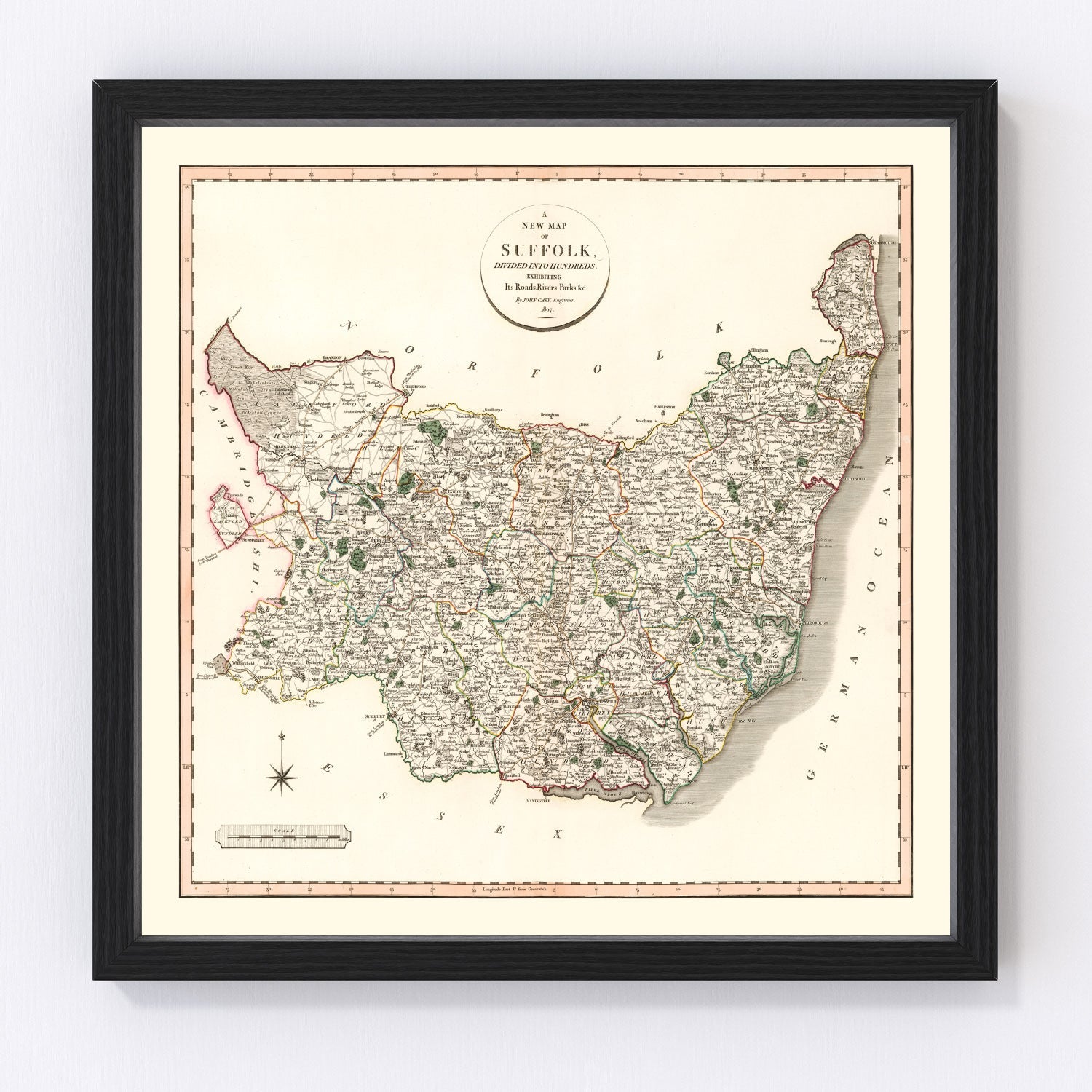 Vintage map of Suffolk County, England, 1807