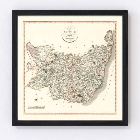 Vintage map of Suffolk County, England, 1807