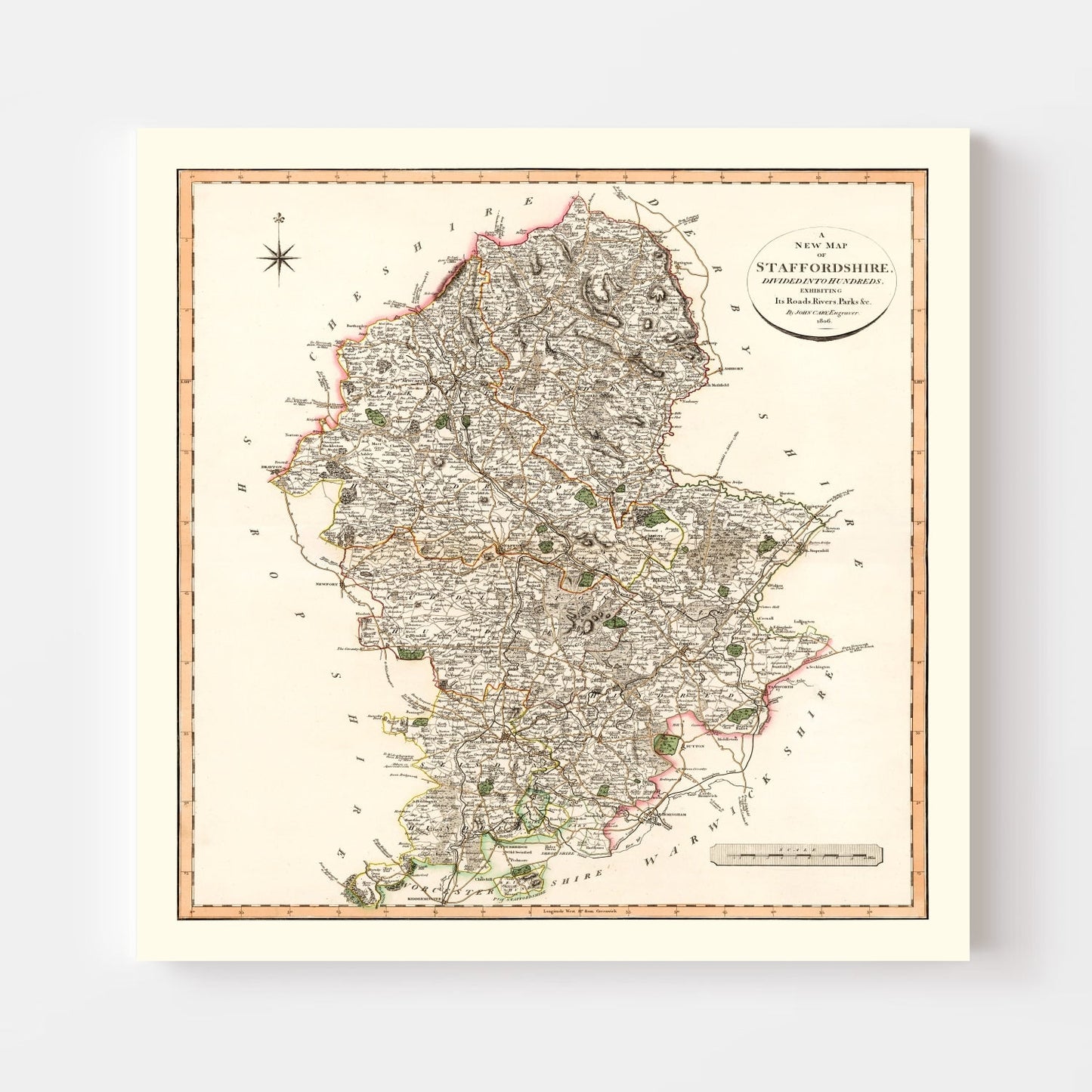 Vintage Map of Staffordshire, England, 1807