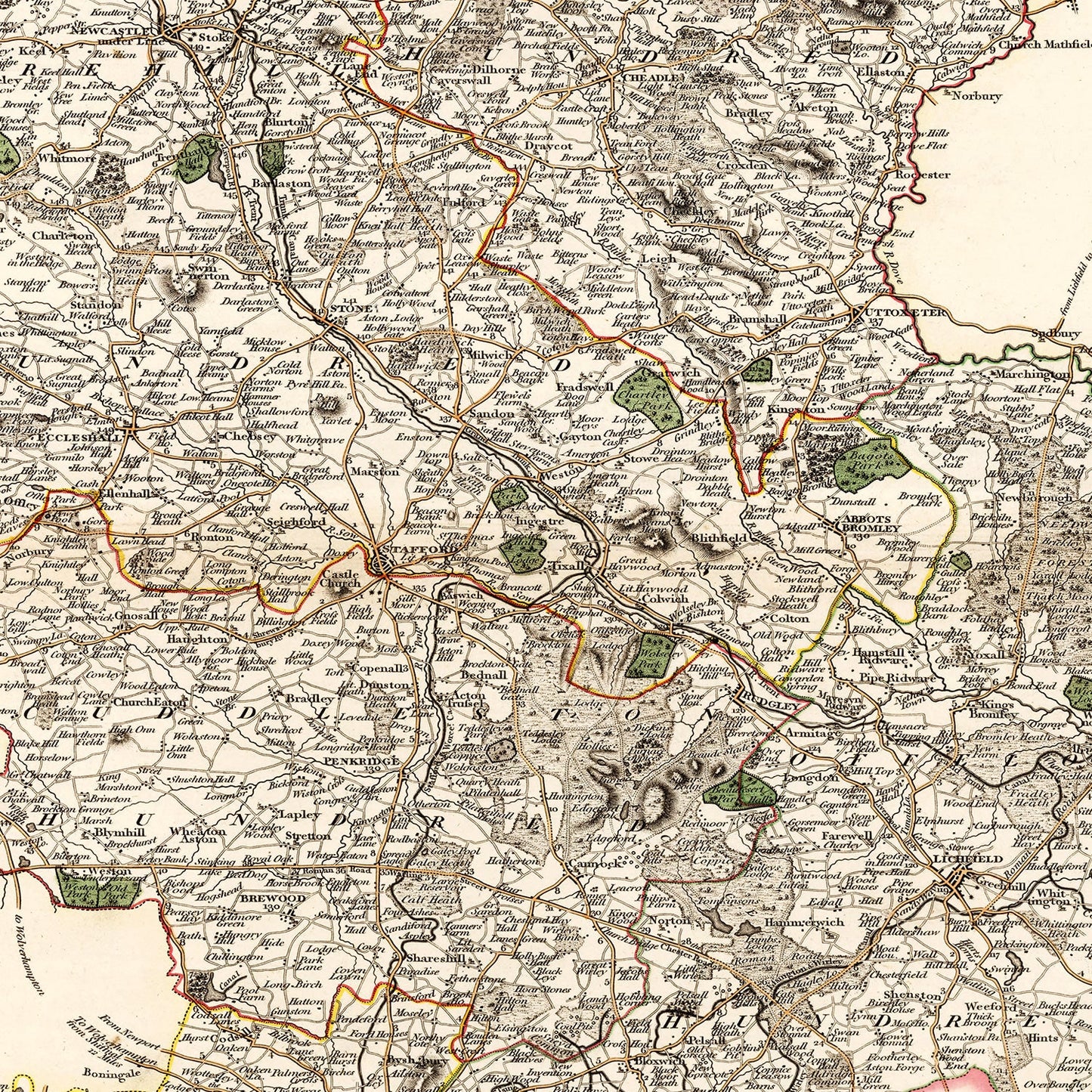 Vintage Map of Staffordshire, England, 1807
