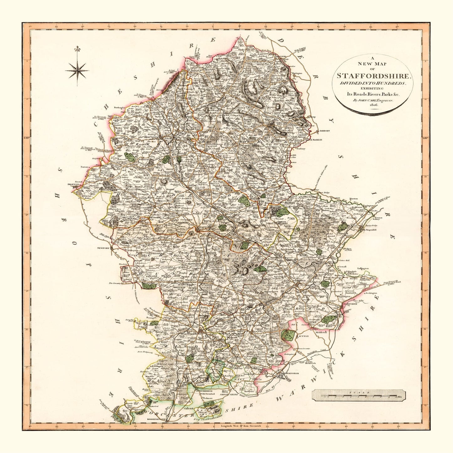 Vintage Map of Staffordshire, England, 1807