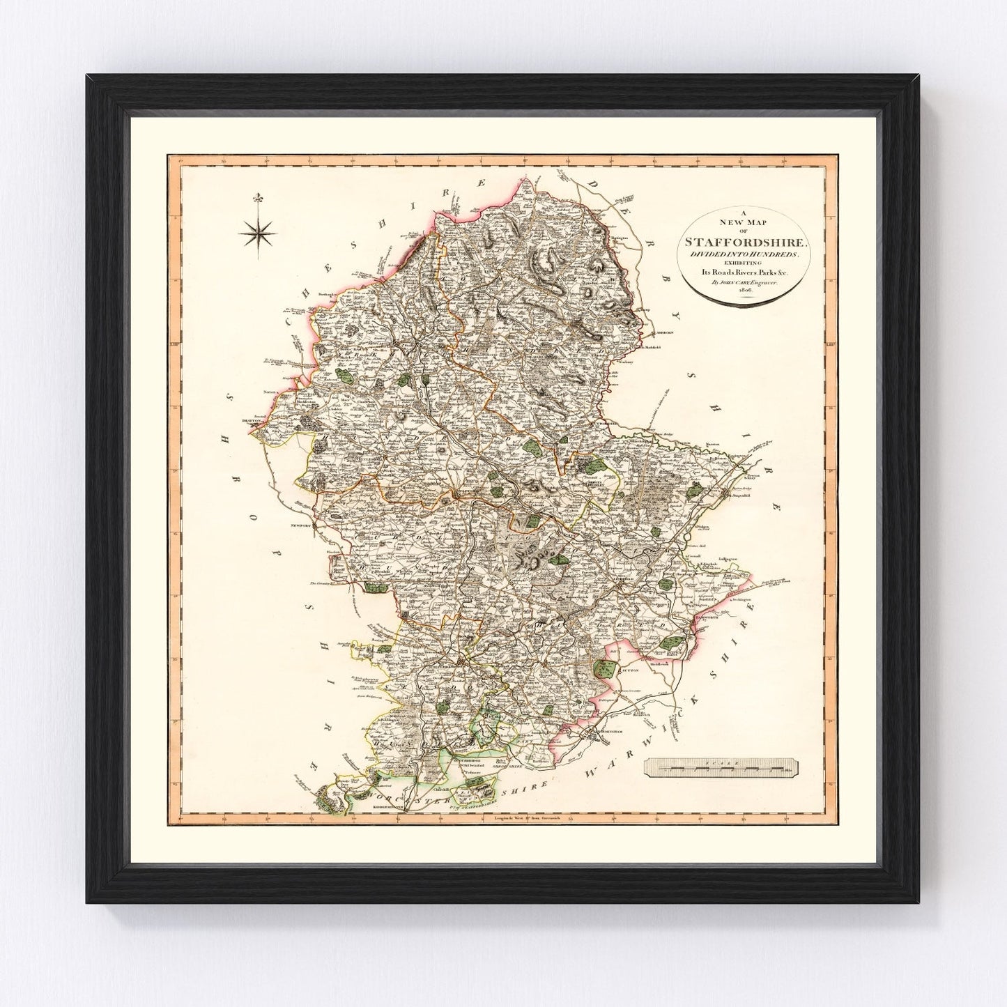 Vintage map of Staffordshire, England, 1807