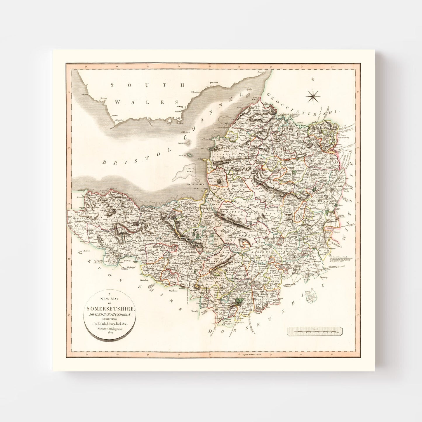 Vintage Map of Somersetshire, England, 1805