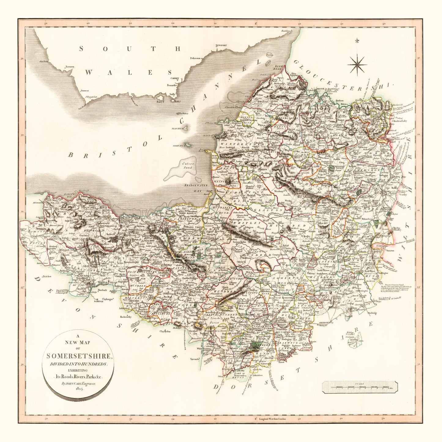 Vintage Map of Somersetshire, England, 1805