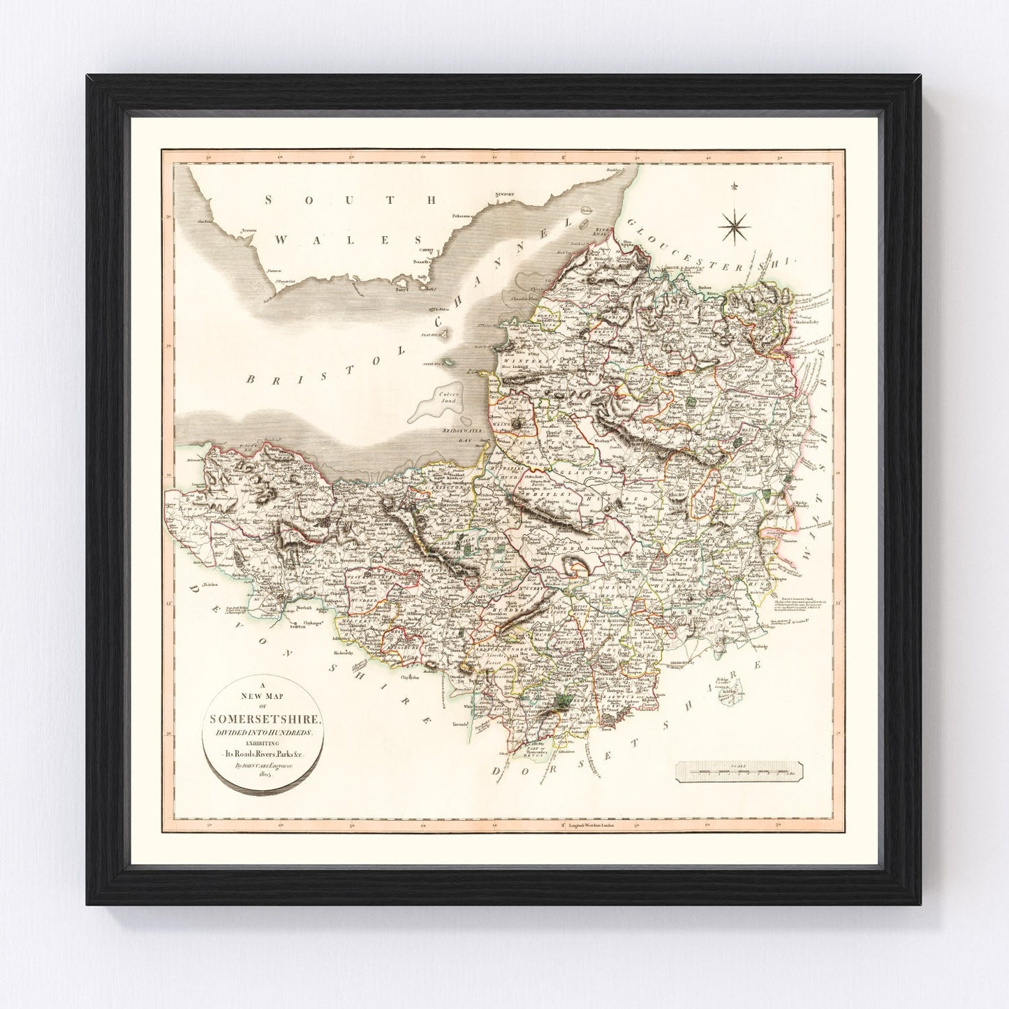 vintage map of Somersetshire, England, 1805