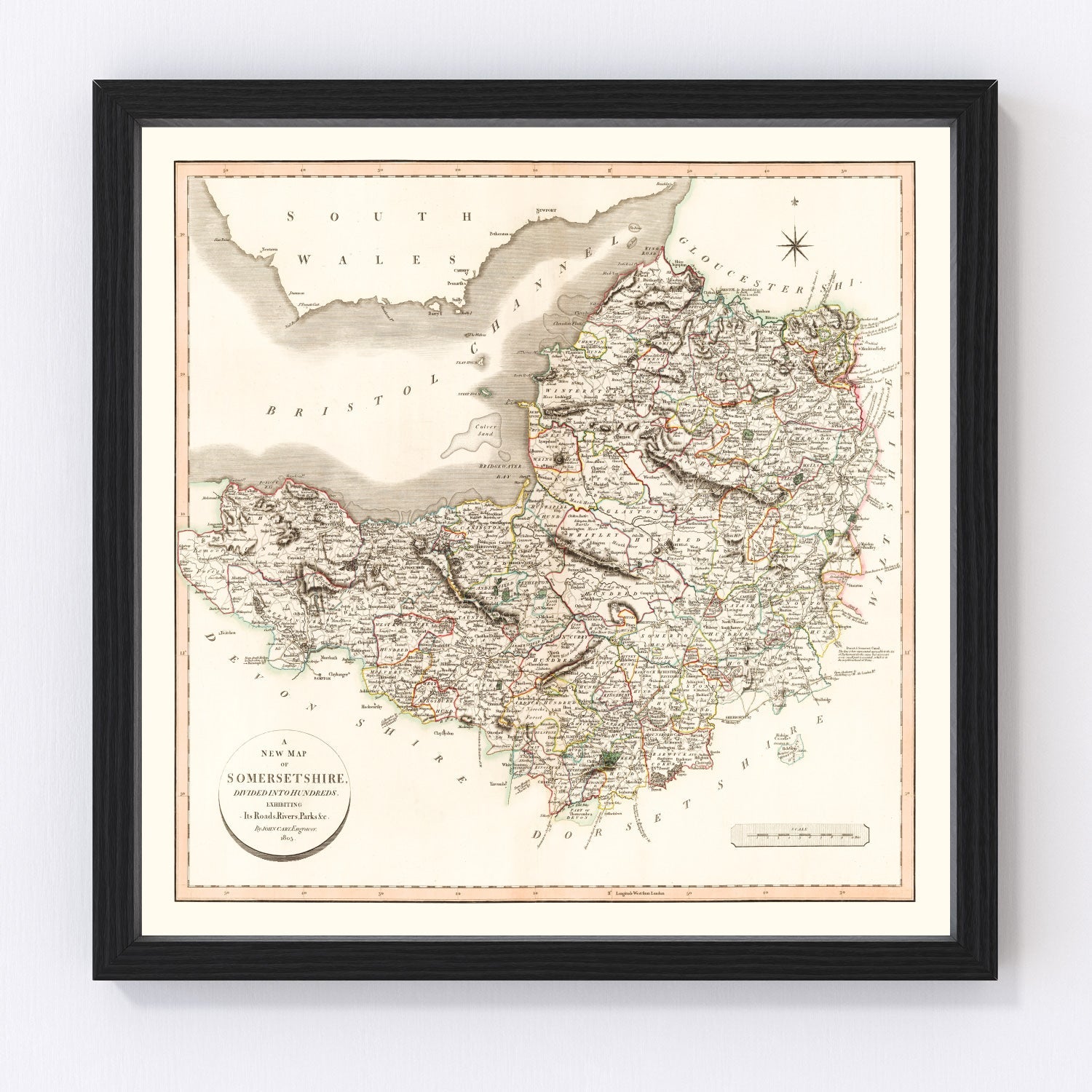 vintage map of Somersetshire, England, 1805