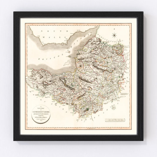 vintage map of Somersetshire, England, 1805