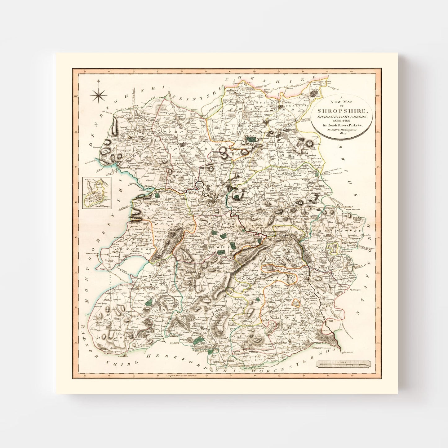 Vintage Map of Shropshire, England, 1805