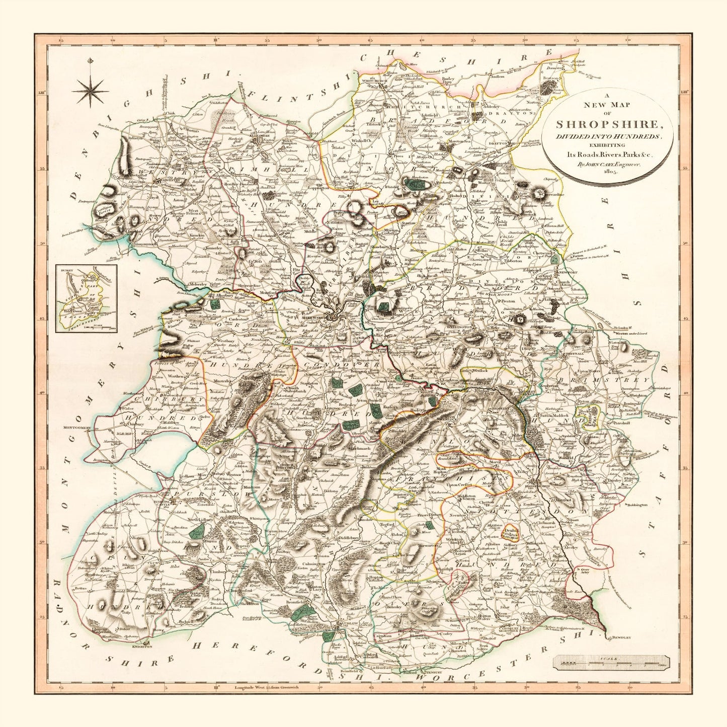 Vintage Map of Shropshire, England, 1805