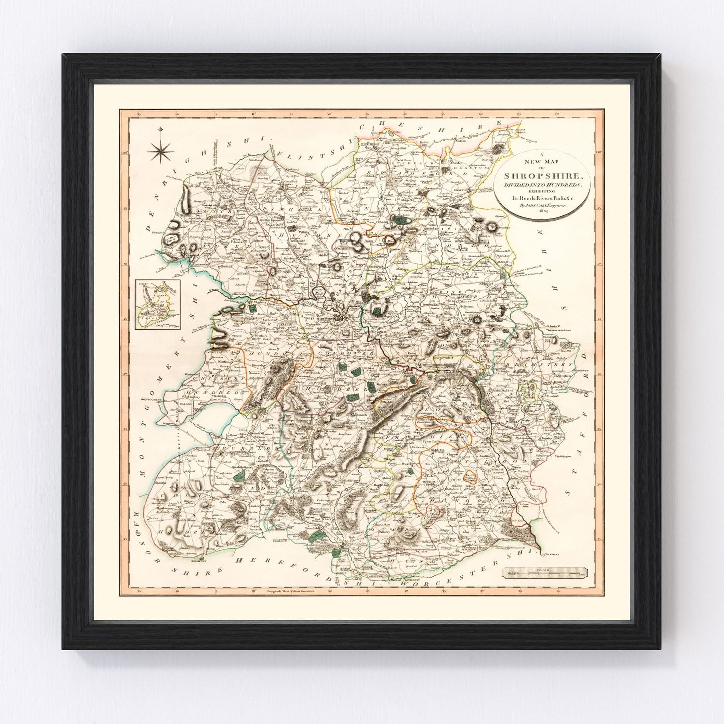 Vintage map of Shropshire, England, 1805
