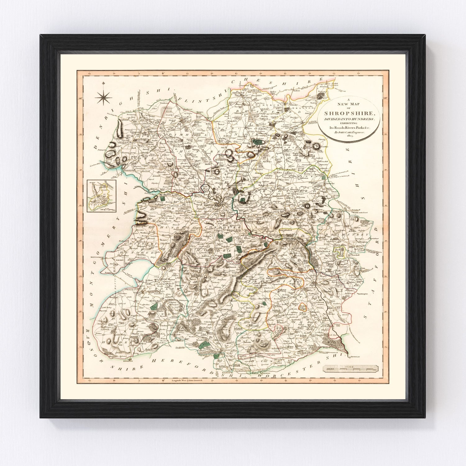 Vintage map of Shropshire, England, 1805