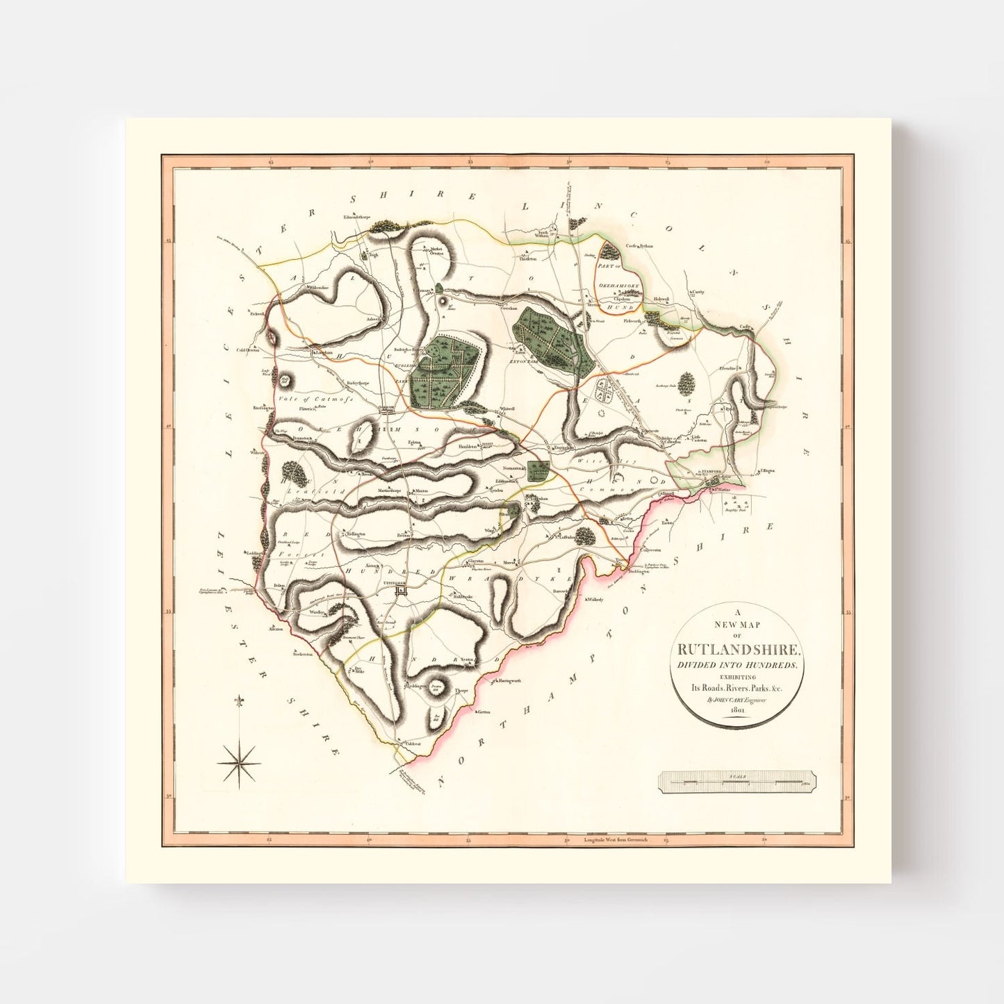 Vintage Map of Rutlandshire, England, 1801