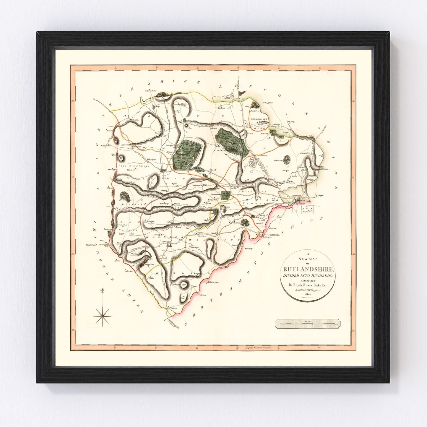 vintage map of Rutlandshire, England, 1801
