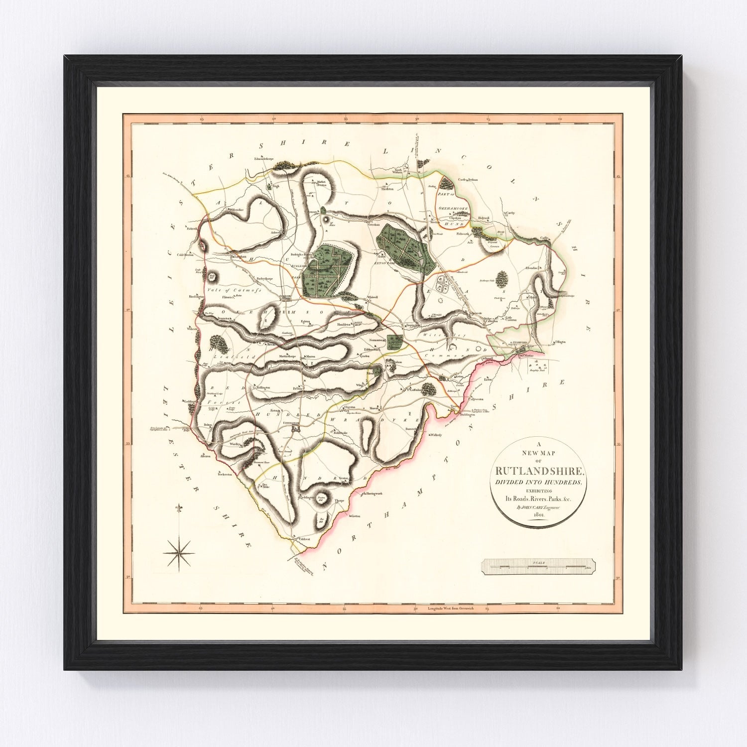 vintage map of Rutlandshire, England, 1801