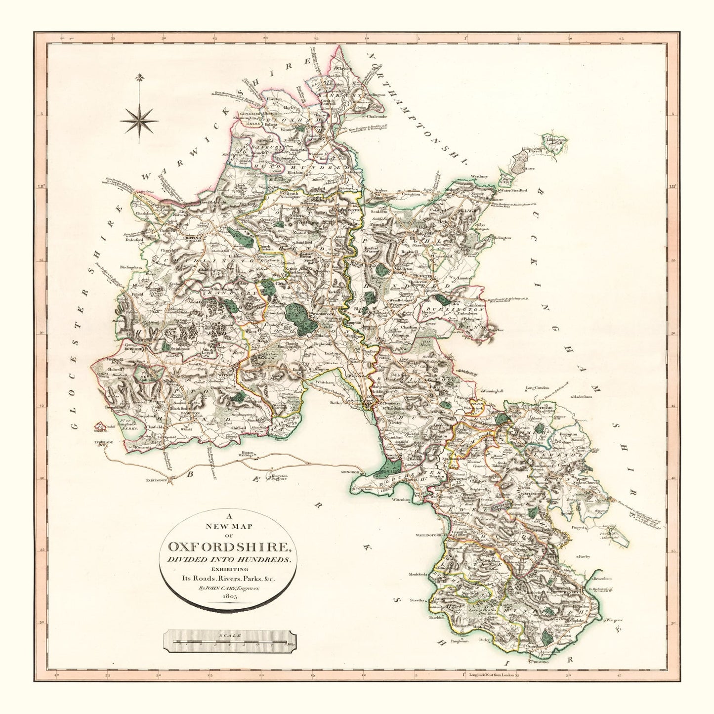 Vintage Map of Oxfordshire County, England, 1805