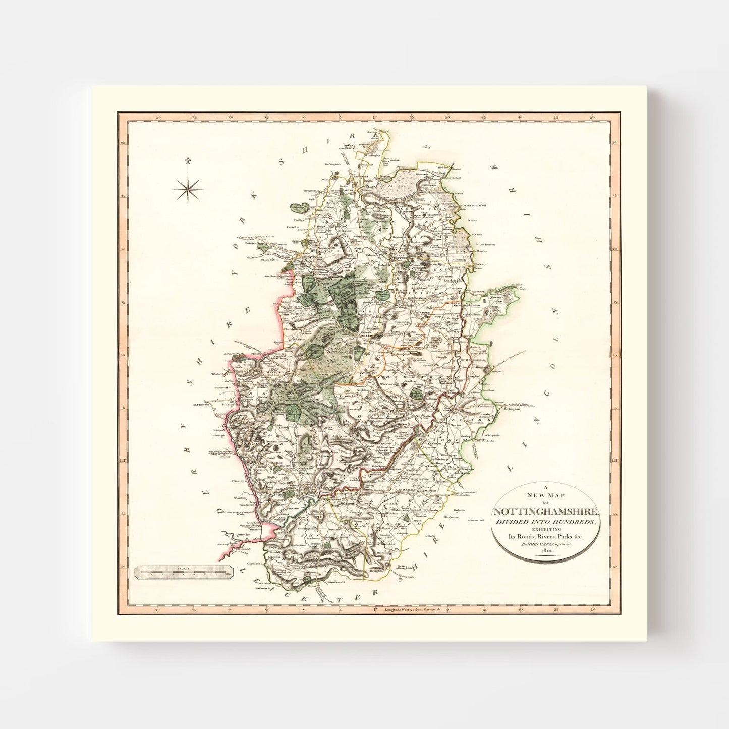 Vintage Map of Nottinghamshire, England, 1801
