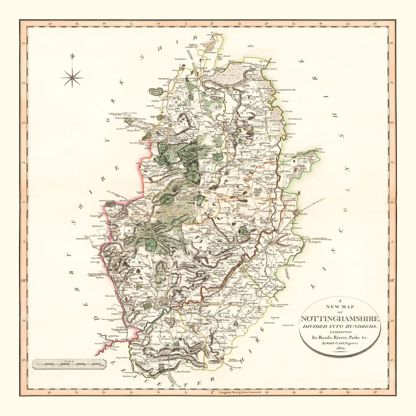 Vintage Map of Nottinghamshire, England, 1801