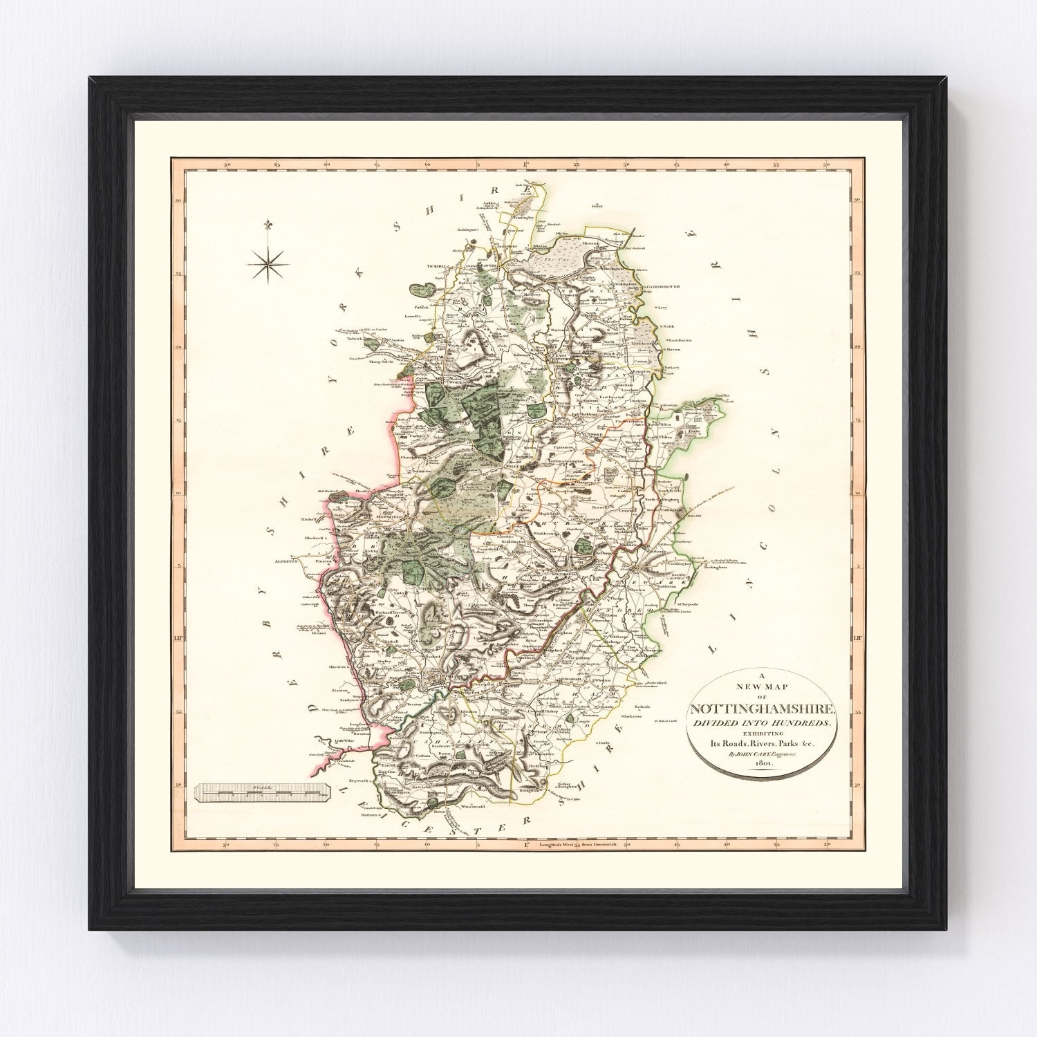 vintage map of Nottinghamshire, England, 1801