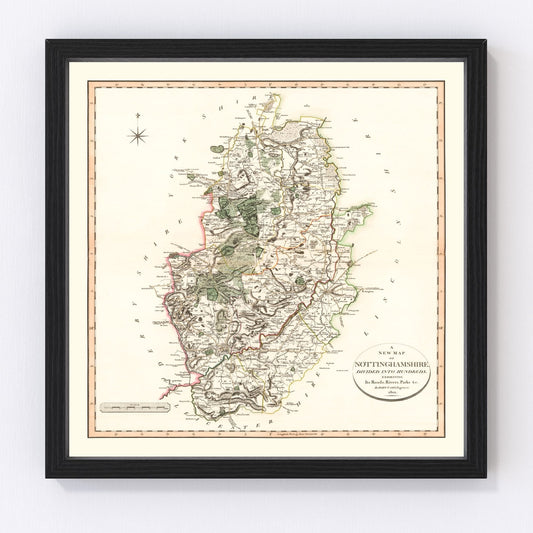 vintage map of Nottinghamshire, England, 1801