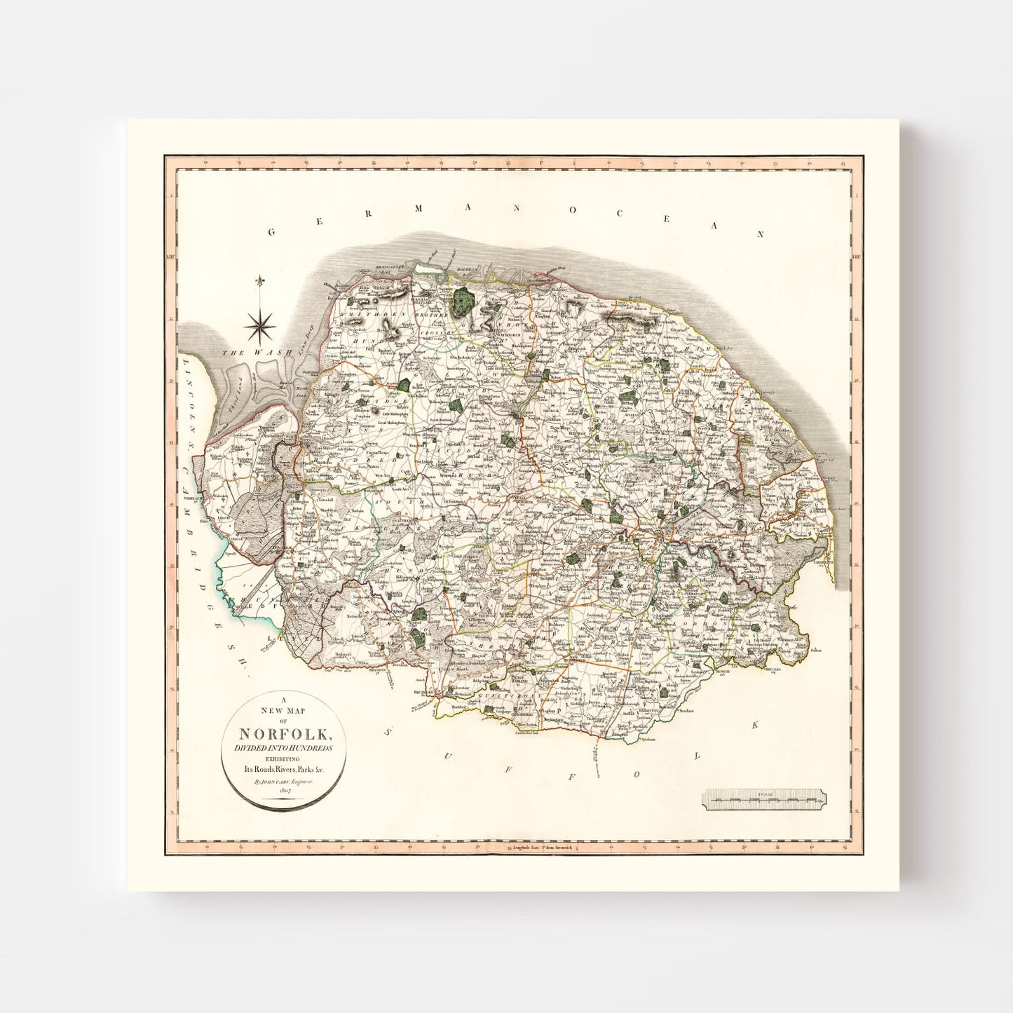 Vintage Map of Norfolk County, England, 1807