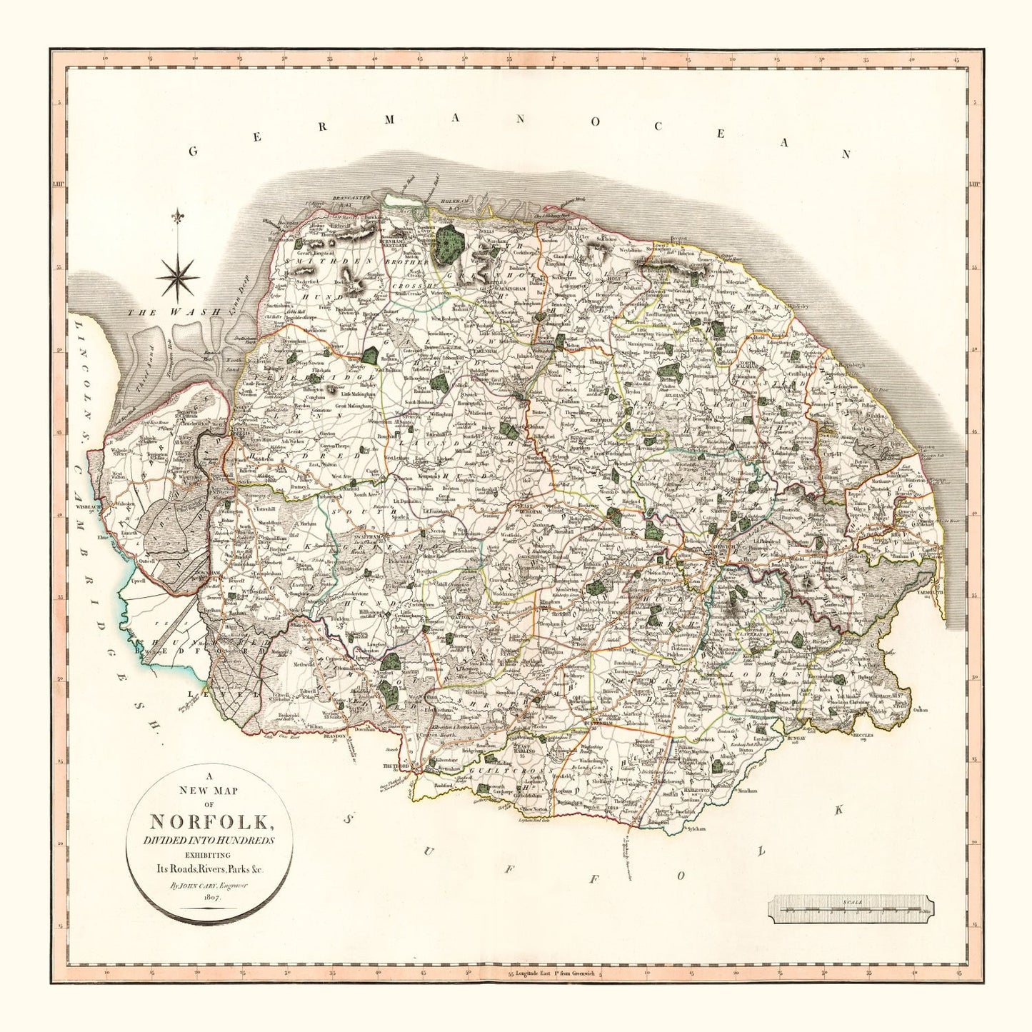 Vintage Map of Norfolk County, England, 1807