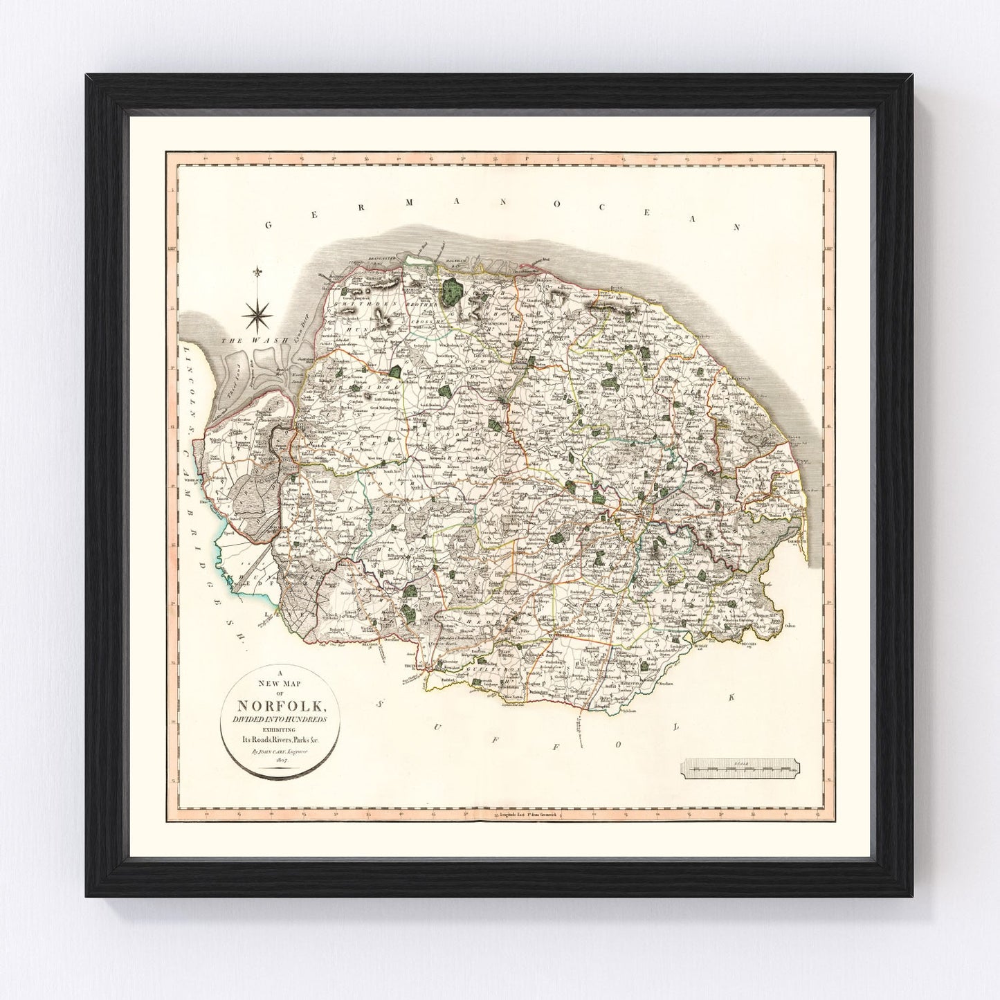 vintage map of Norfolk County, England, 1807