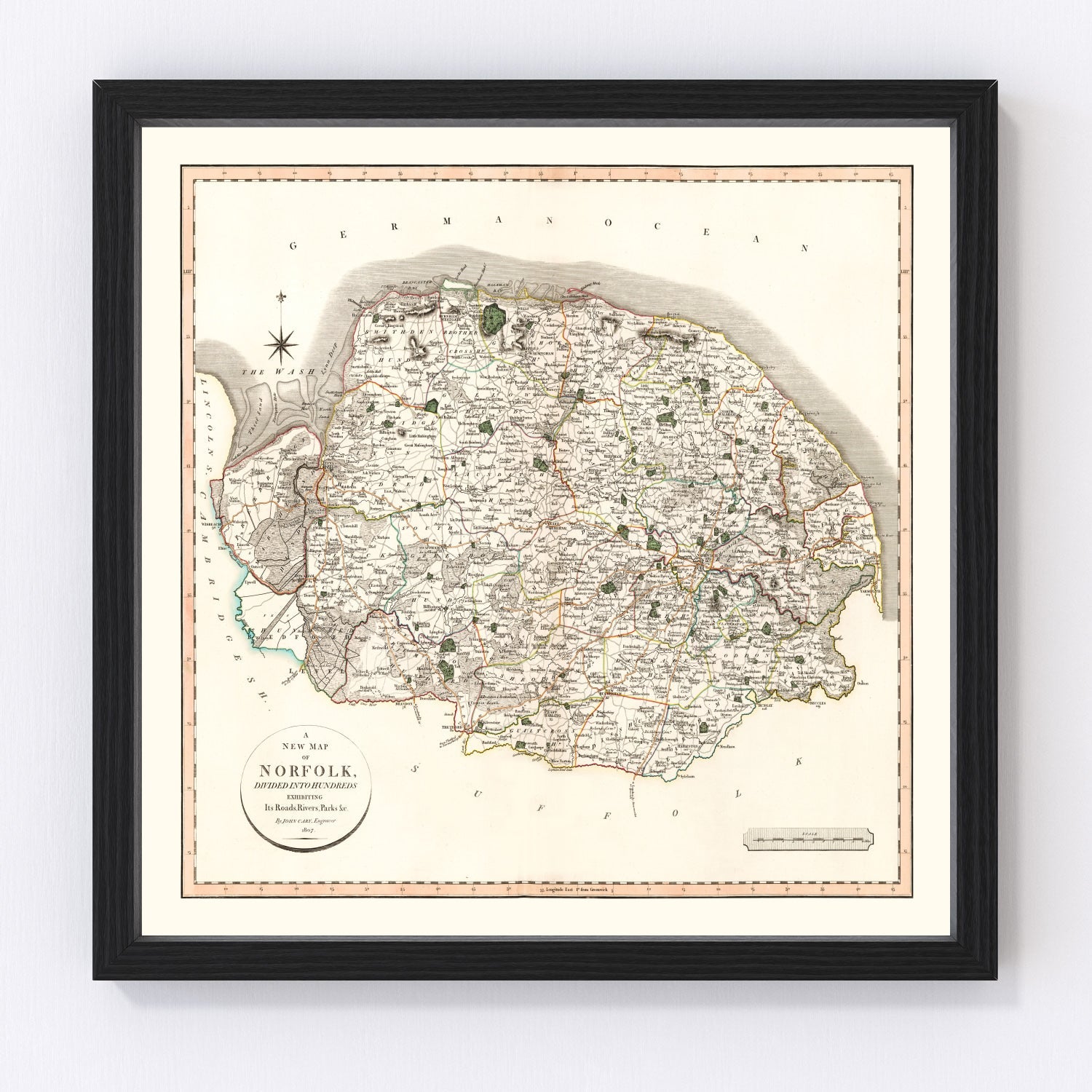 vintage map of Norfolk County, England, 1807