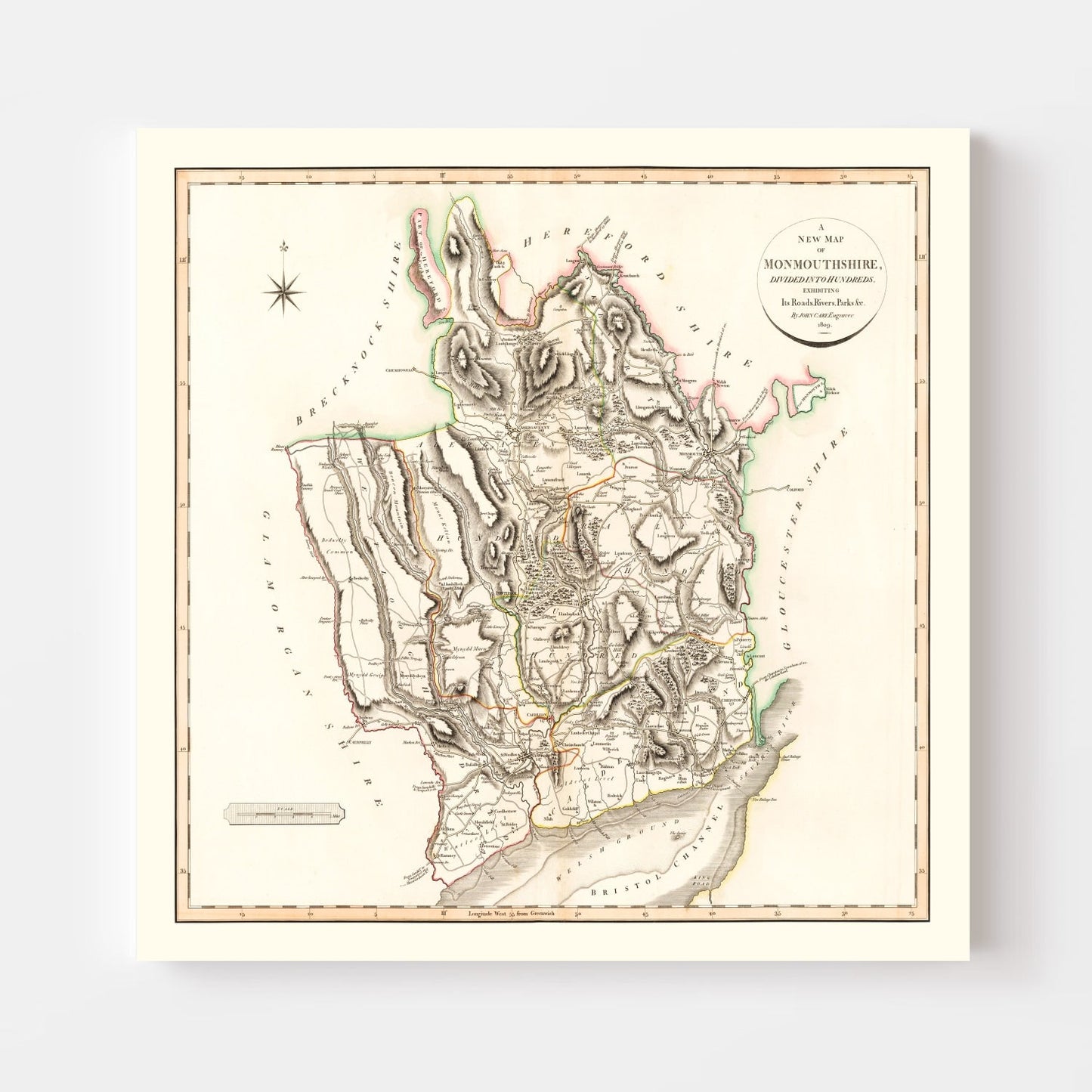 Vintage Map of Monmouthshire County, England, 1809