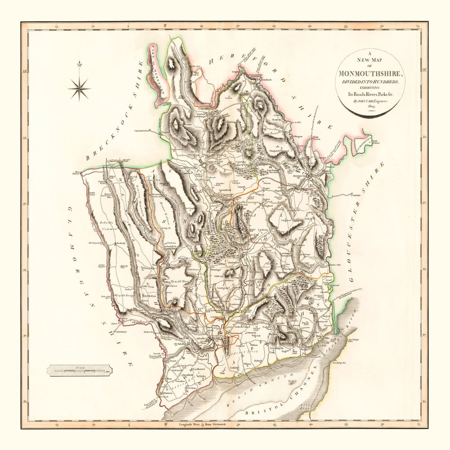 Vintage Map of Monmouthshire County, England, 1809