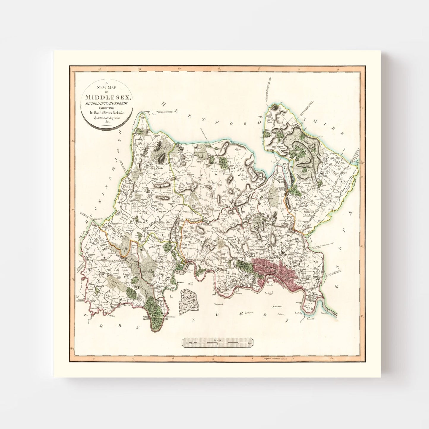 Vintage Map of Middlesex County, England, 1801