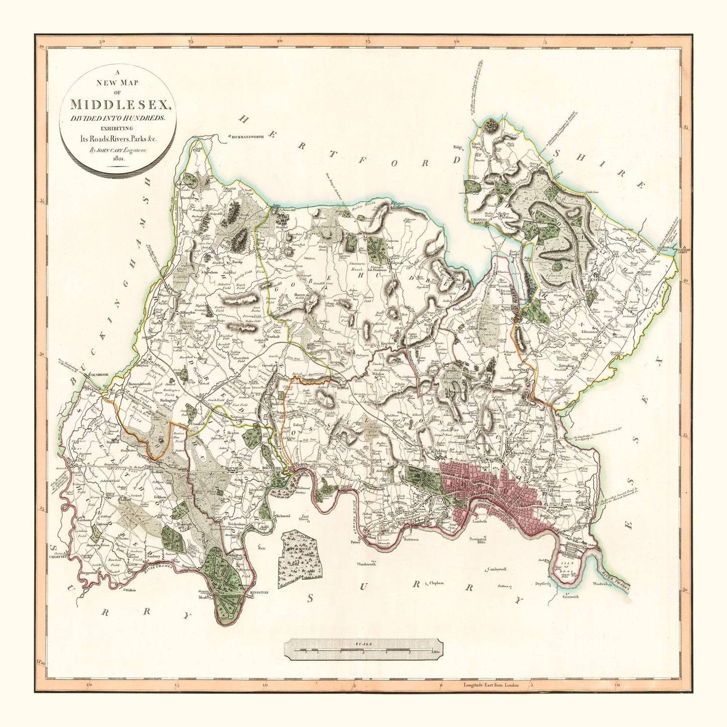 Vintage Map of Middlesex County, England, 1801