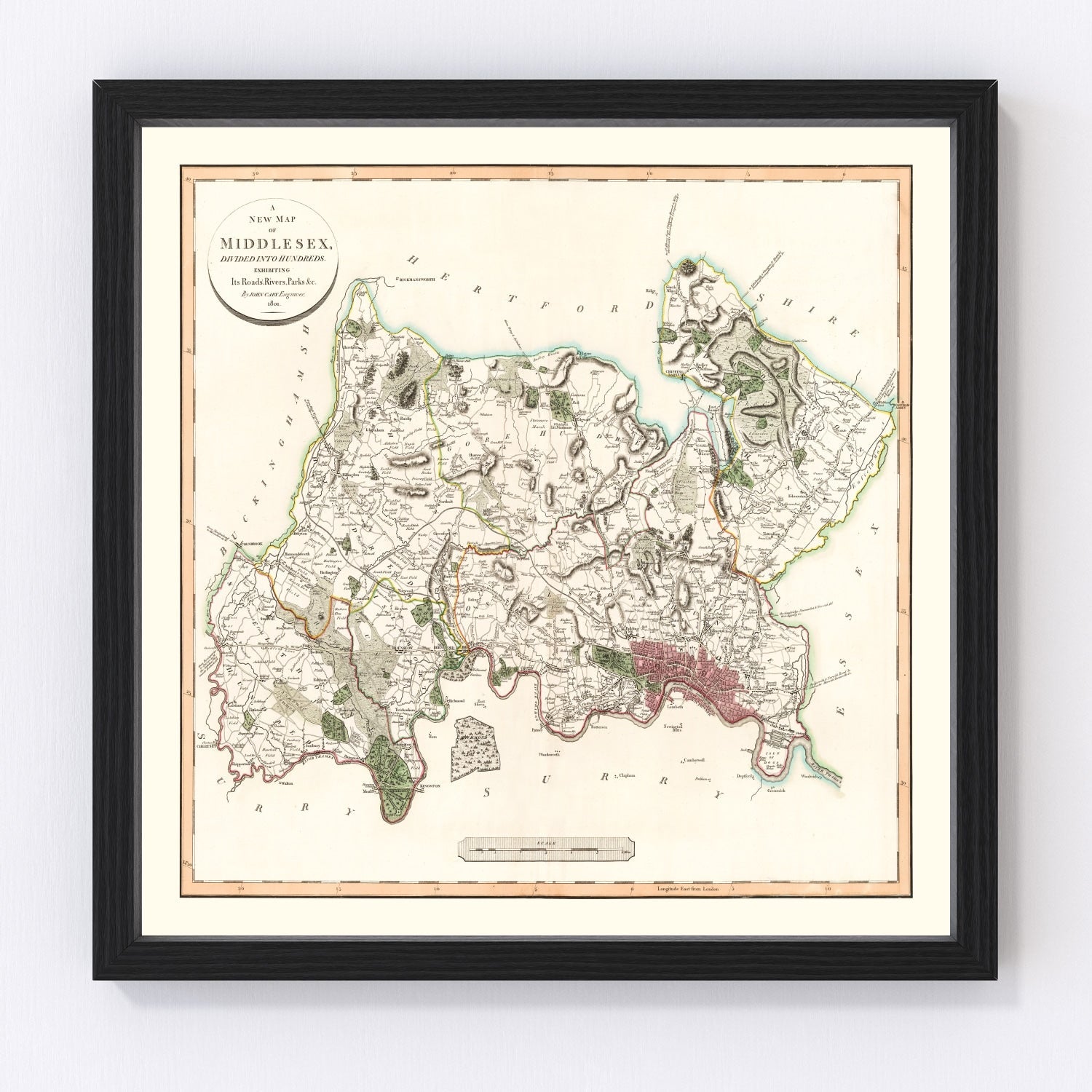 vintage map of Middlesex County, England, 1801