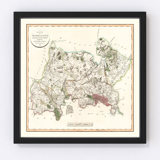 vintage map of Middlesex County, England, 1801