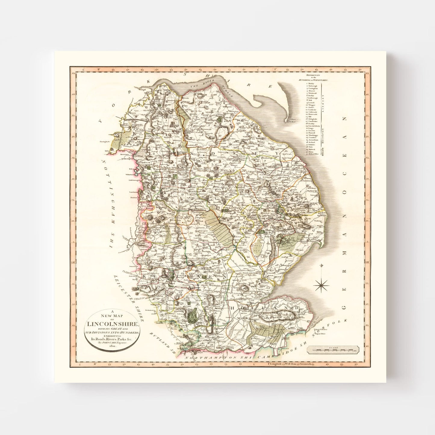 Vintage Map of Lincolnshire, England, 1801