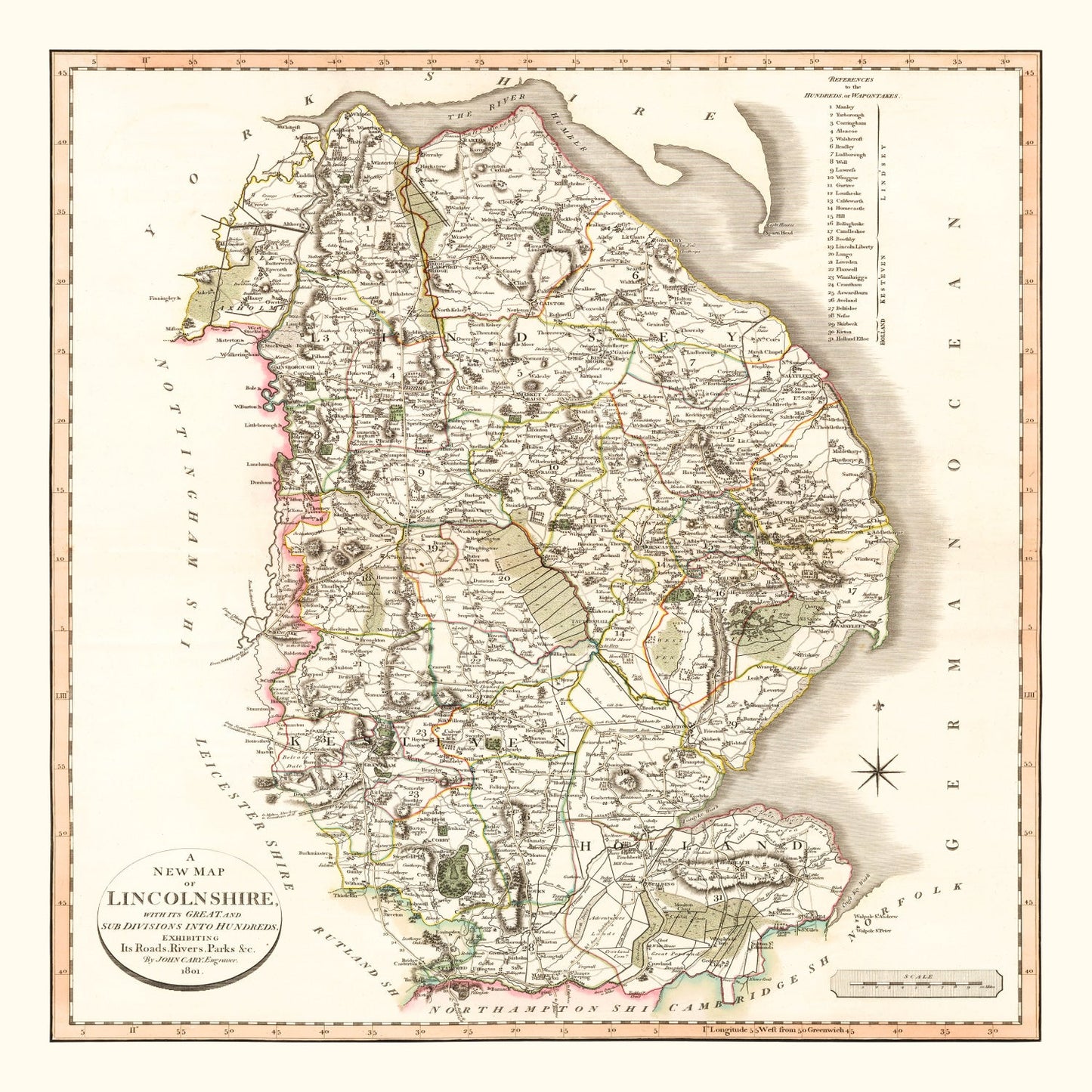 Vintage Map of Lincolnshire, England, 1801
