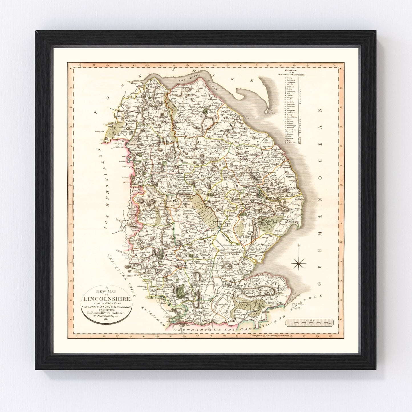 Vintage map of Lincolnshire, England, 1801
