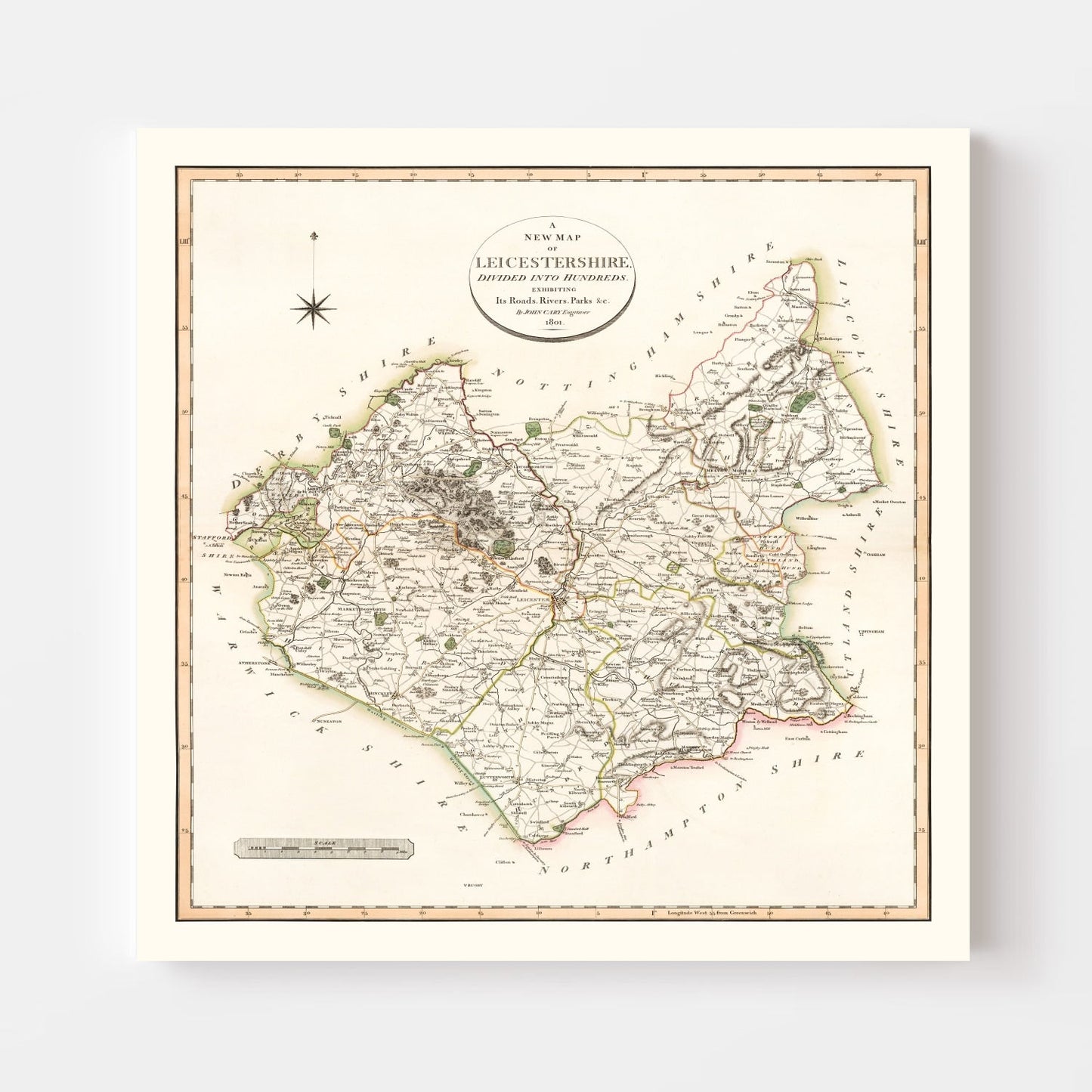 Vintage Map of Leicestershire, England, 1801