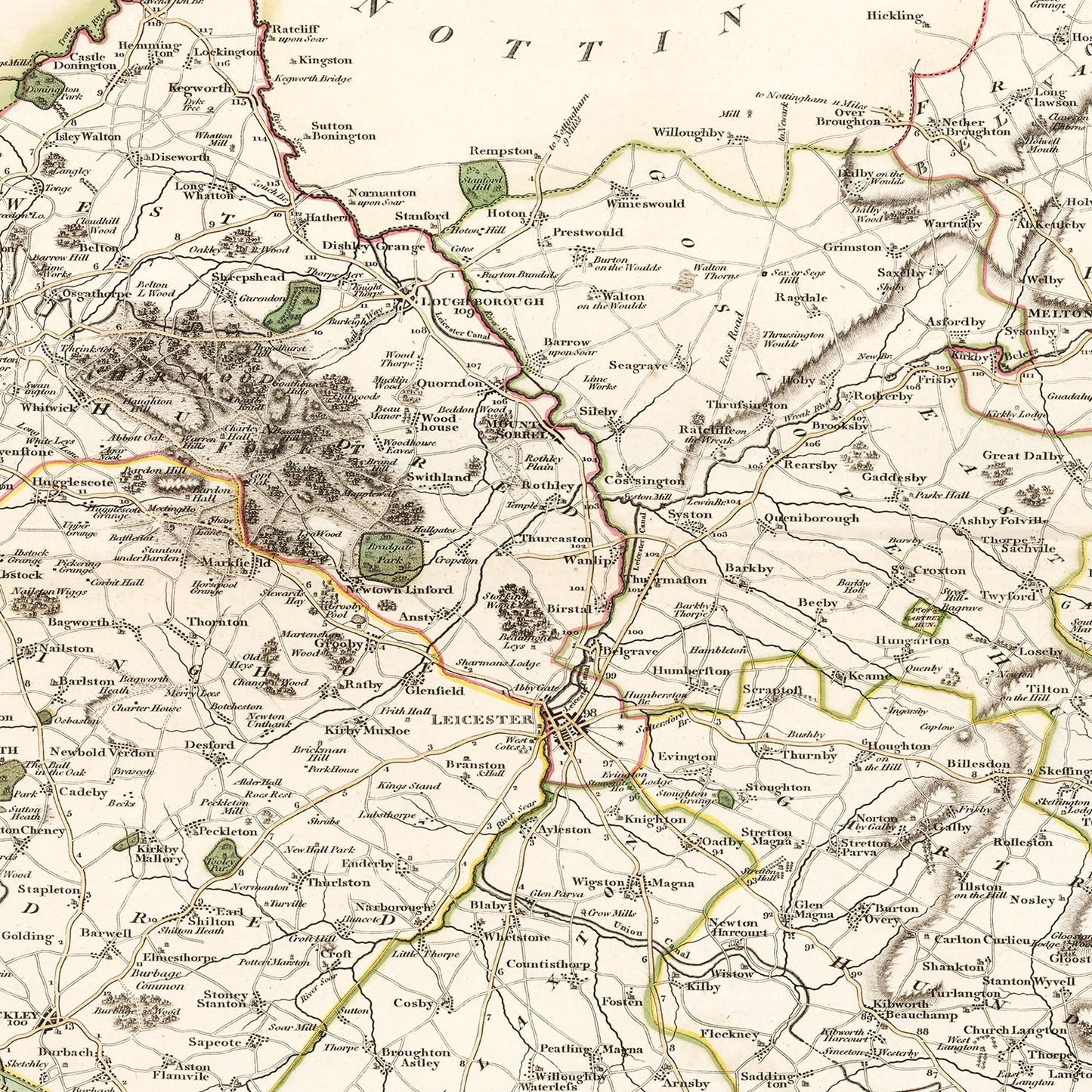 Vintage Map of Leicestershire, England, 1801