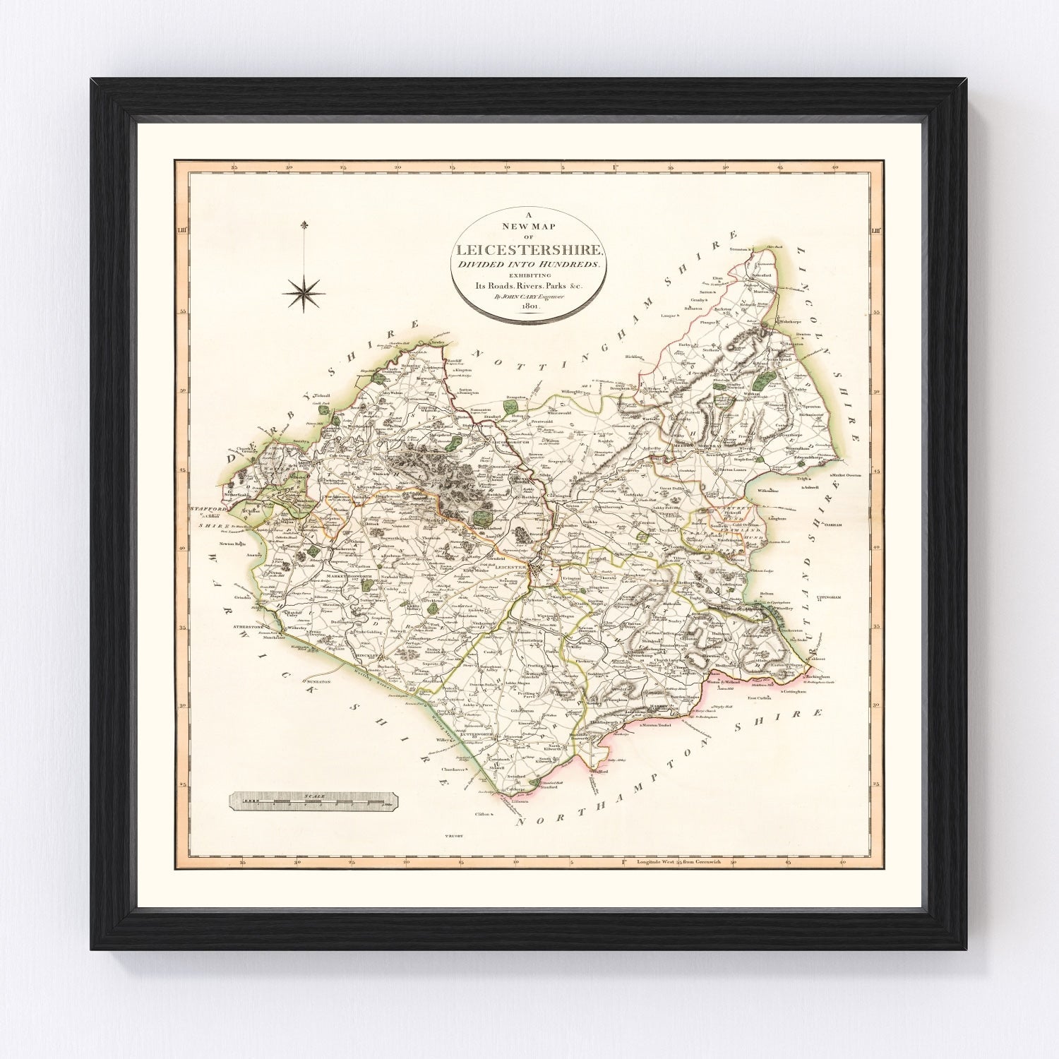 Vintage map of Leicestershire, England, 1801