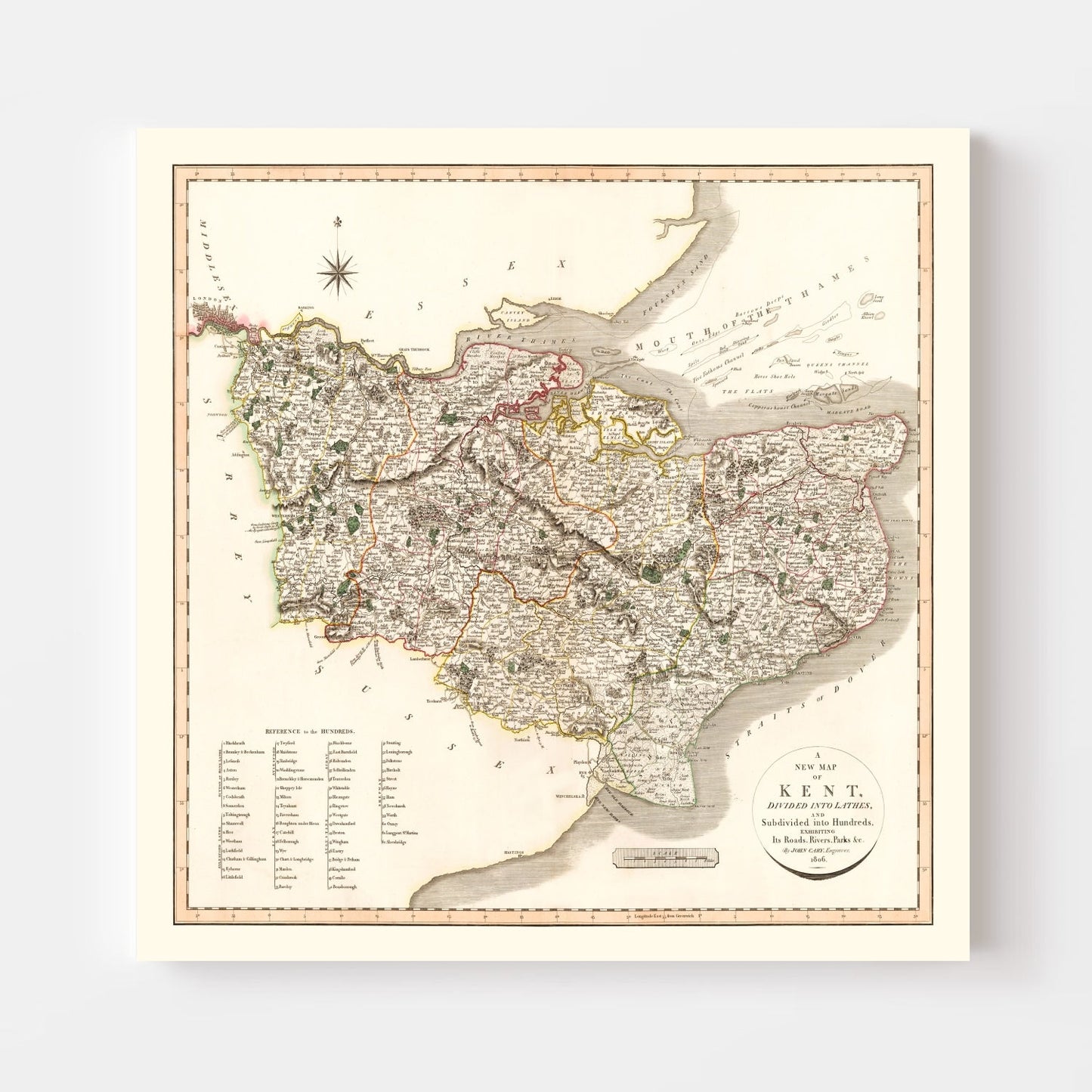 Vintage Map of Kent County, England, 1806