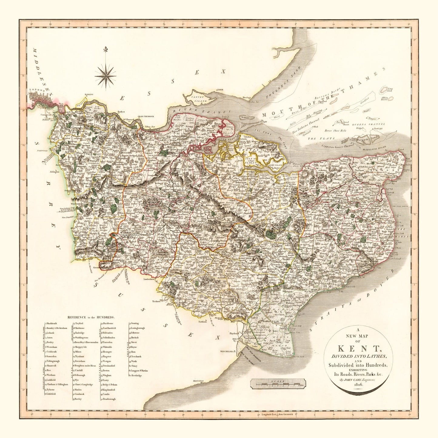 Vintage Map of Kent County, England, 1806