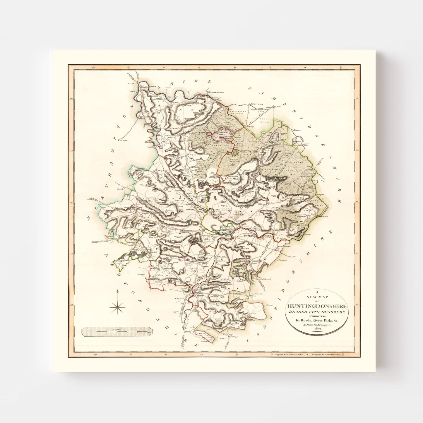 Vintage Map of Huntingdonshire County, England, 1801