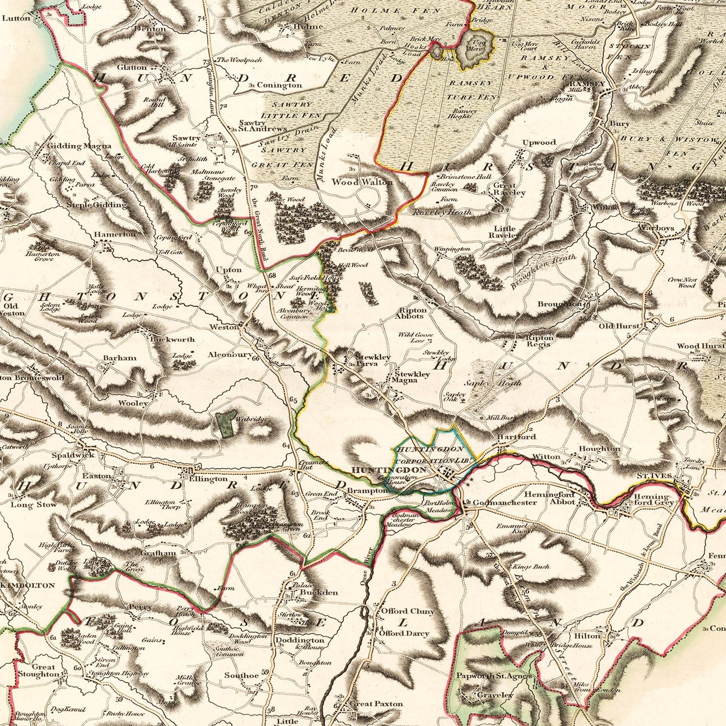 Vintage Map of Huntingdonshire County, England, 1801