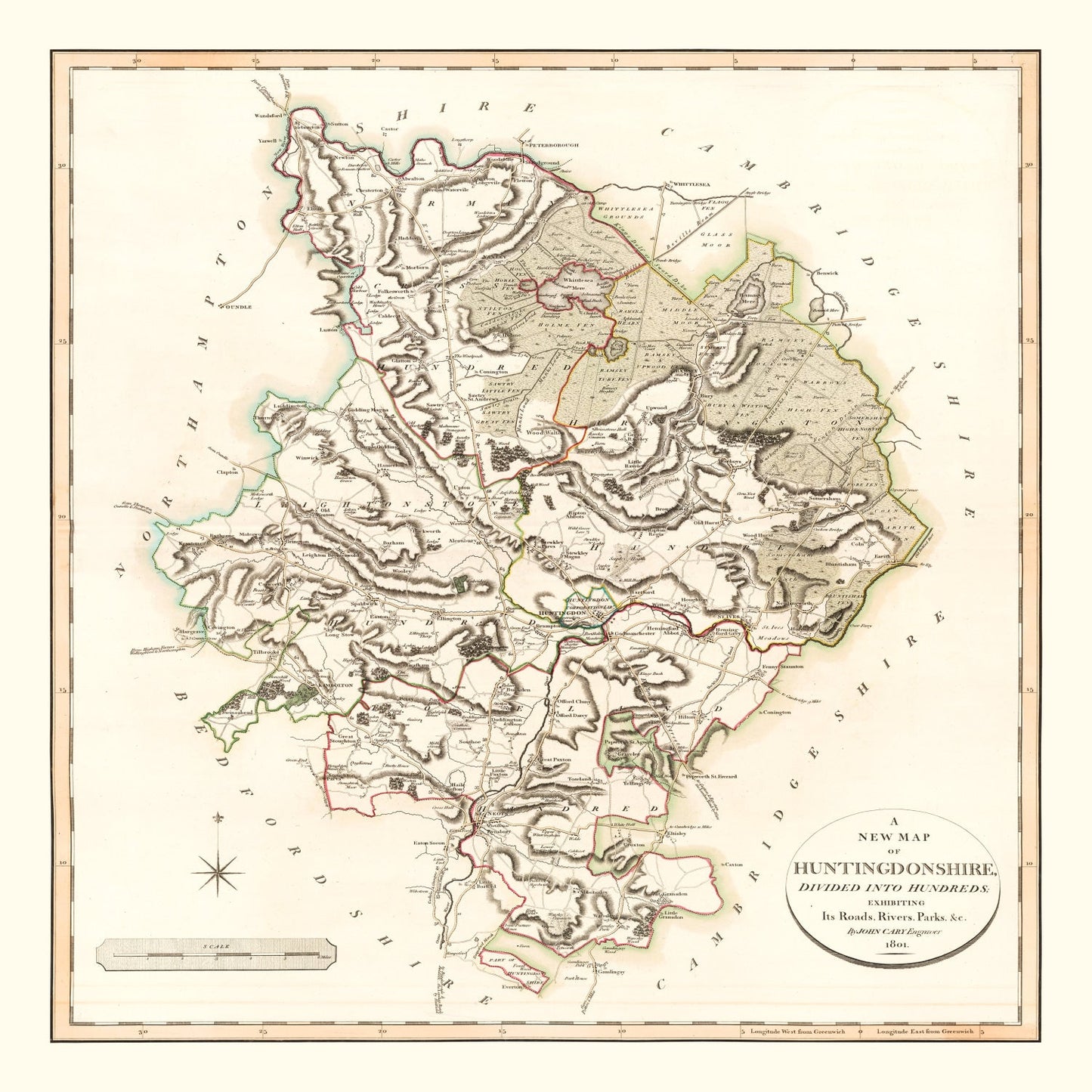 Vintage Map of Huntingdonshire County, England, 1801