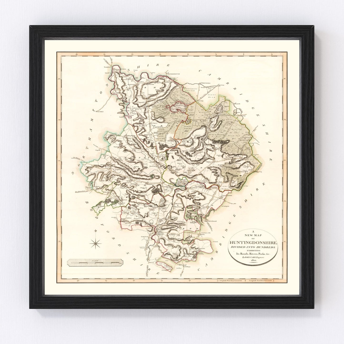 vintage map of Huntingdonshire County, England, 1801